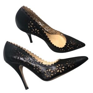 Kate Spade Leather Lana Heeled Pumps Sz 6.5 Black Laser Cut Filigree Classic